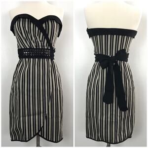 Eva Franco Veronica Strapless Faux Wrap Pin-Up Dress Stripes Black Tan Size 4